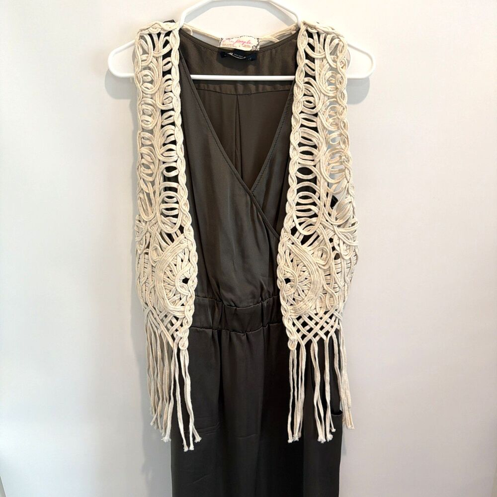 Free People One Size Ivory Crochet Fringe Vest Boho Festival Open Front Layering